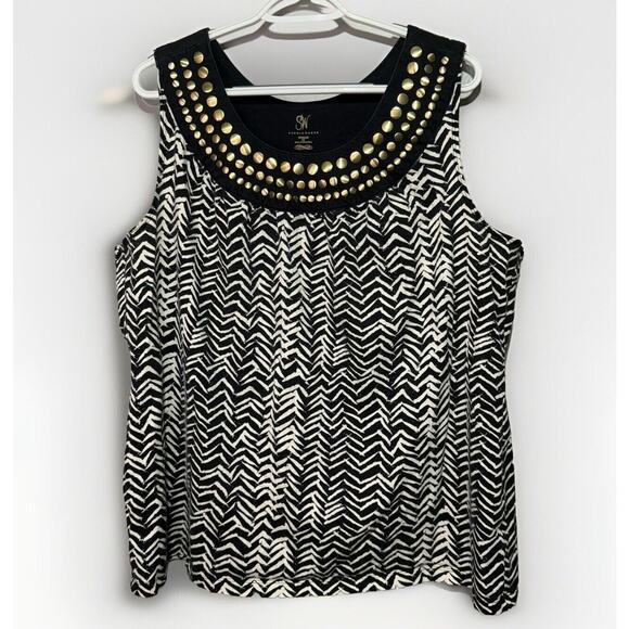 Studio Works Top Women’s Size 2X Black & White Sleeveless Chevron Studded Collar - Picture 9 of 9
